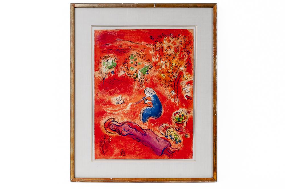 MARC CHAGALL "A MIDI, L'ETE (FROM 'DAPHNIS & CHLOE': circa 1961; Mourlot, 318 lithograph in colors numbered 109/250 Provenance: Feigen Palmer Gallery, Los Angeles 16 1/2 x 12 1/2 inches