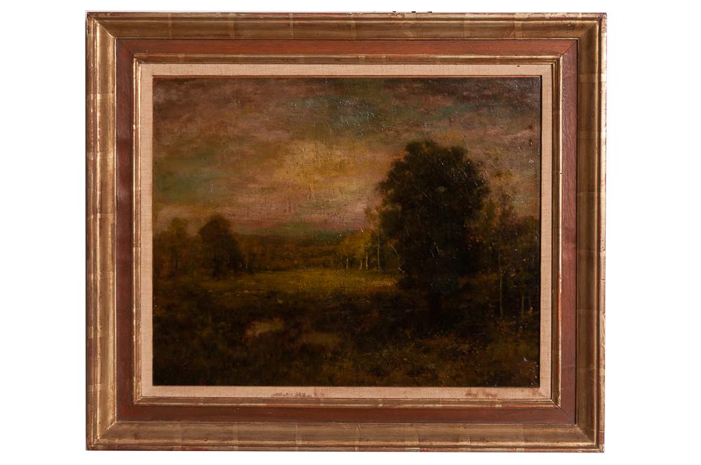 WILLIAM KEITH: "SUNSET THROUGH THE TREES": oil on canvas signed lower right 16 x 20 inches