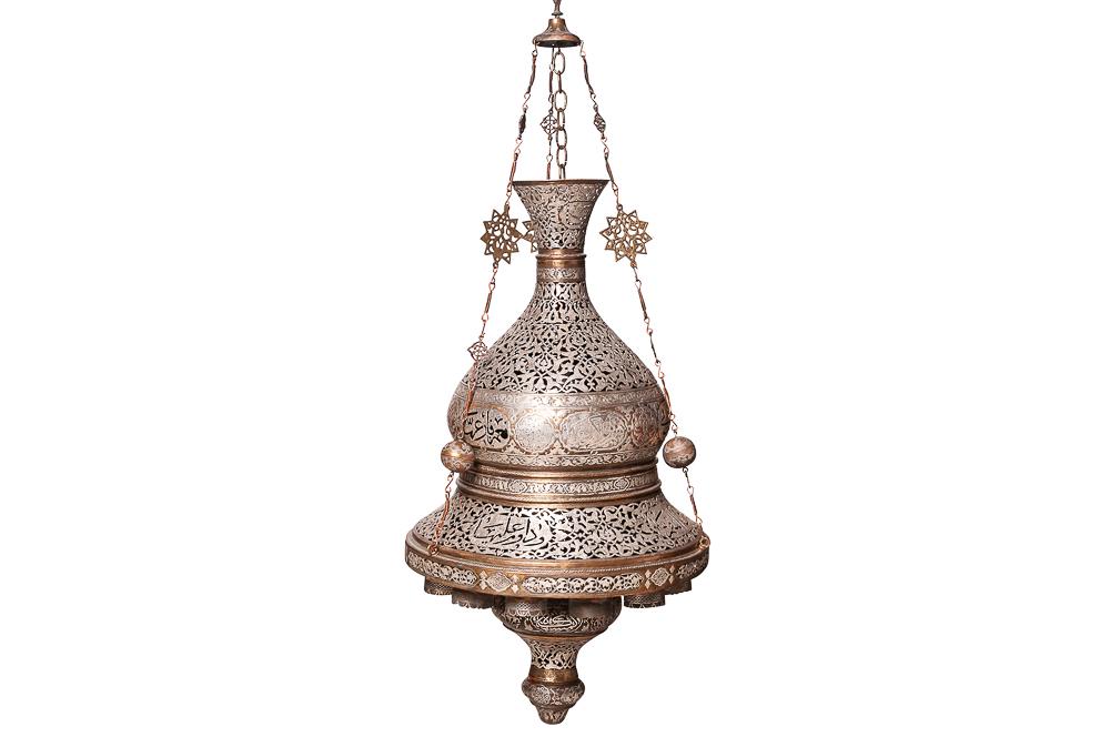 ISLAMIC SILVER OVERLAY MOSQUE LANTERN: 20 inches wide; 46 inches high