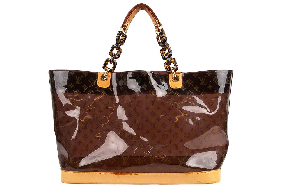 LOUIS VUITTON SAC AMBRE GM: the large tote with acrylic tortortoise-shell chain link handles with vachetta shoulder inserts Condition: with scuffs and stains 19 inches wide; 8 1/4 inches deep; 13 inches high