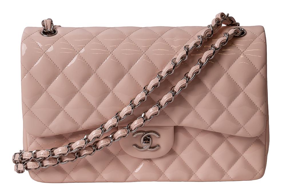 CHANEL PINK PATENT LEATHER DOUBLE FLAP BAG: circa 2012-2013 with box and tissue 12 inches wide; 3 1/2 inches deep; 7 3/4 inches high