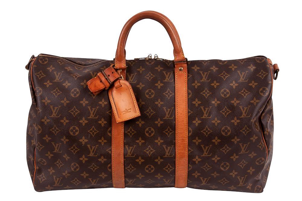 LOUIS VUITTON KEEPALL 50: with luggage tag 20 inches wide; 8 1/2 inches deep; 10 1/2 inches high
