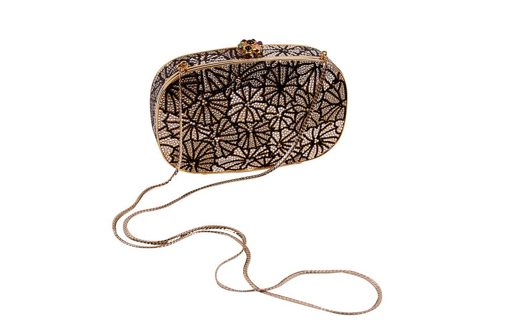 JUDITH LEIBER FLORAL MINIAUDIERE: with coin purse, mirror and comb inside 6 3/8 inches wide; 1 3 /8 inches deep; 4 1/4 inches high