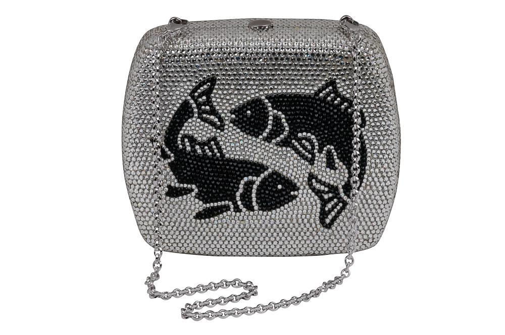 JUDITH LEIBER VINTAGE PISCES MINAUDIERE: a silver and black full bead box clutch from the Zodiac collection; silver tone hardware; push button closure and silver drop in chain. 5 inches wide; 1 1/2 inches deep; 4 1/2 inches high