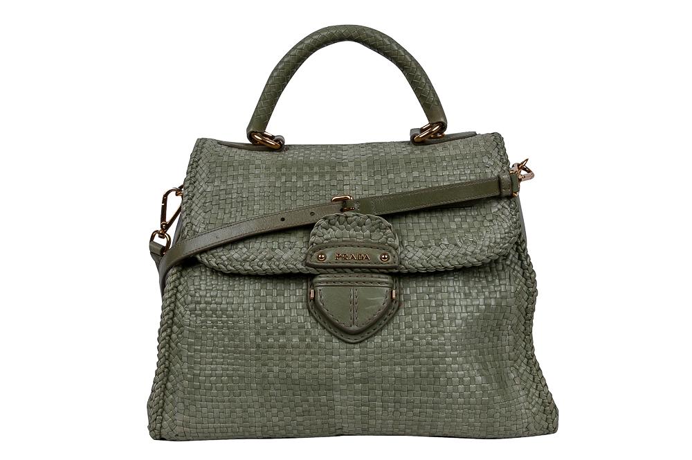PRADA MADRAS BAG: with flap enclosure; single handle drop 5 inches and adjustable leather shoulder strap 13 1/2 inches wide; 5 1/2 inches wide; 10 inches high