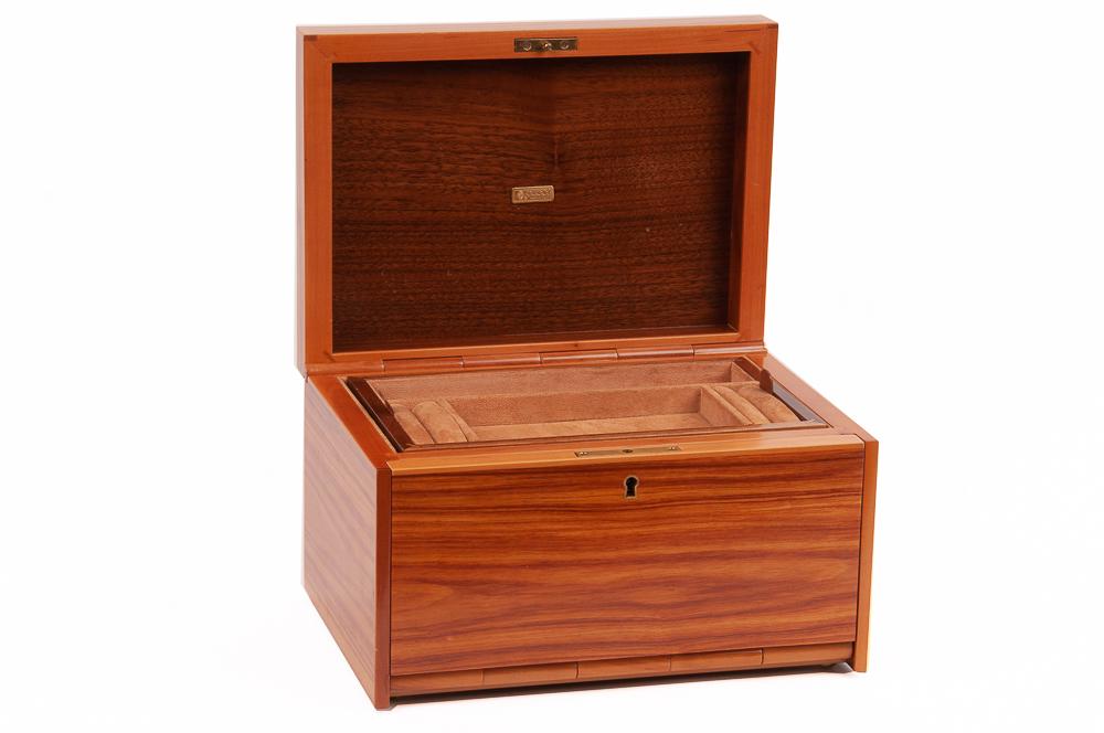 GUCCI JEWELRY BOX: with inner ring pad and fold down front; Gucci plaque on inside lid 9 3/4 inches wide; 7 inches deep; 5 7/8 inches high
