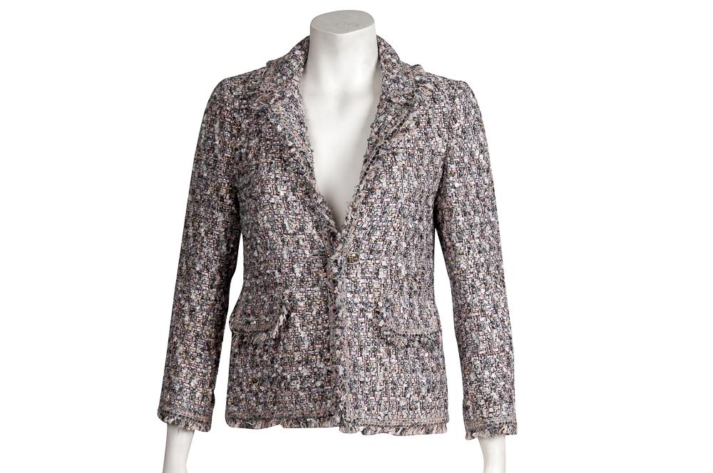 CHANEL PINK, BLACK, & SILVER TWEED JACKET: circa 2004 classic two pocket wool blend blazer with single toggle style button closure; Chanel logo silk lining size: 40; 15 1/2 inches, shoulder to shoulder
