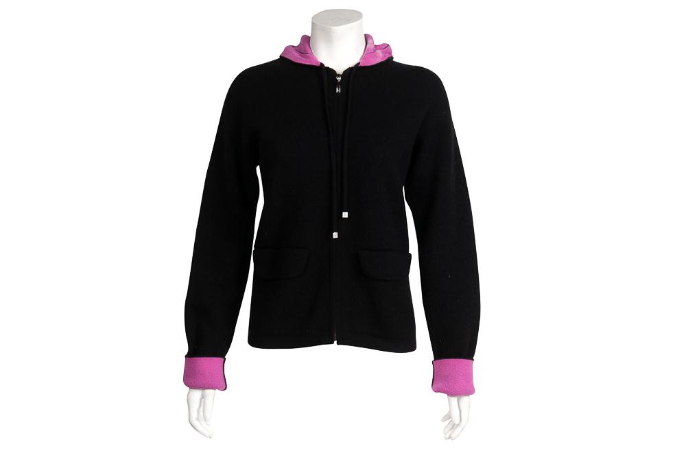 CHANEL BLACK & PINK CASHMERE SWEATER: with hood size: 36