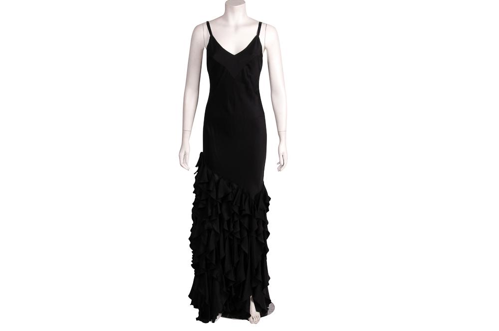 ROBERTO CAVALLI BLACK SILK RUFFLED GOWN: silk blend gown spaghetti straps and zipper back; side slit and slight train length shoulder to hem: 62 inches