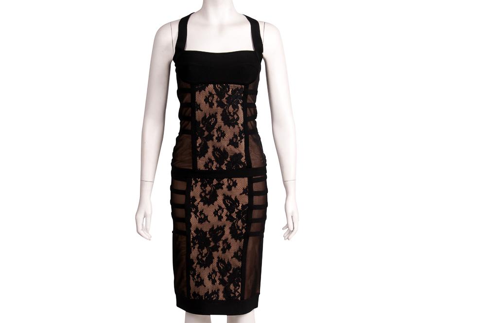 HERVE LEGER BLACK LACE HALTER TOP & SKIRT: Condition: back strap needs repair top size: medium; skirt size: small (20 inches long0