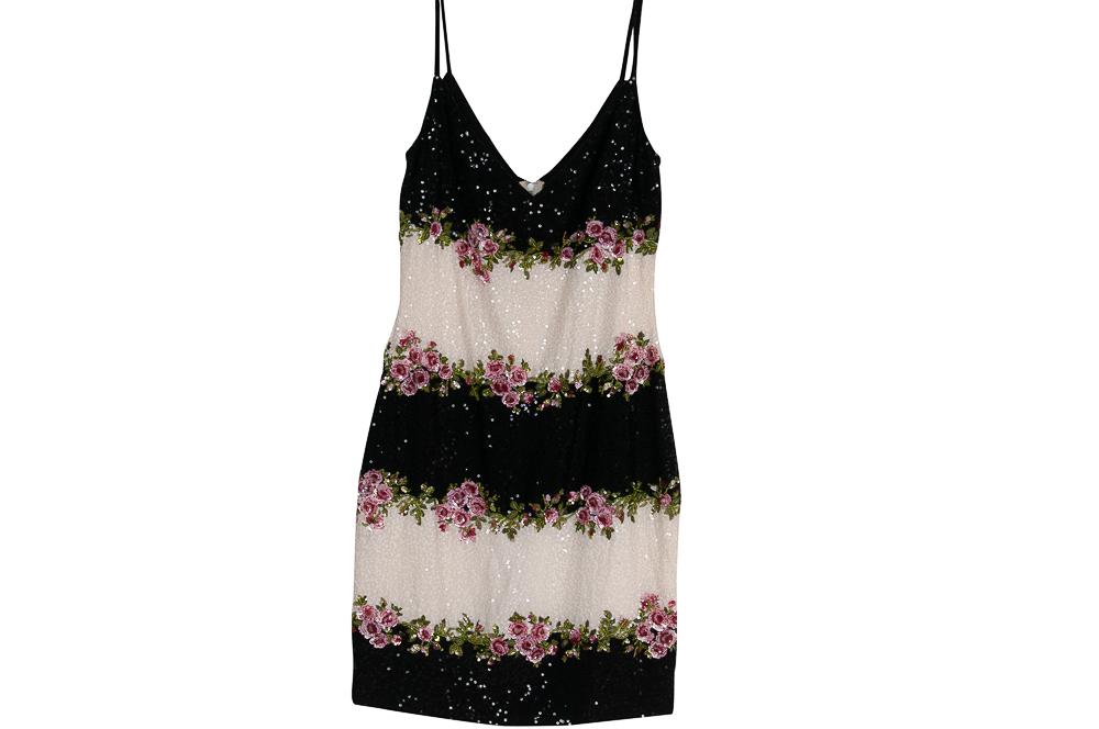 ESCADA BLACK, WHITE, & ROSE BEADED COCKTAIL DRESS: short beaded dress with zipper back size: 36