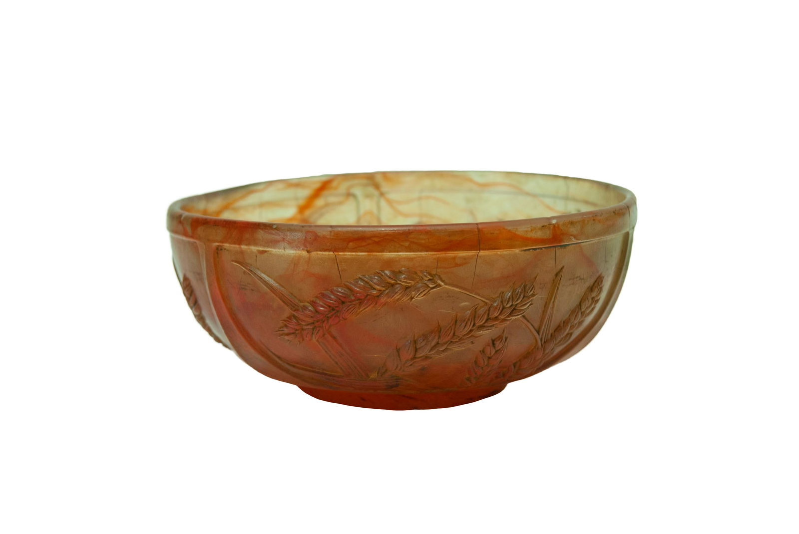 DAUM NANCY MOLDED GLASS BOWL: with wheat motif 8 inches diameter; 3 1/2 inches high