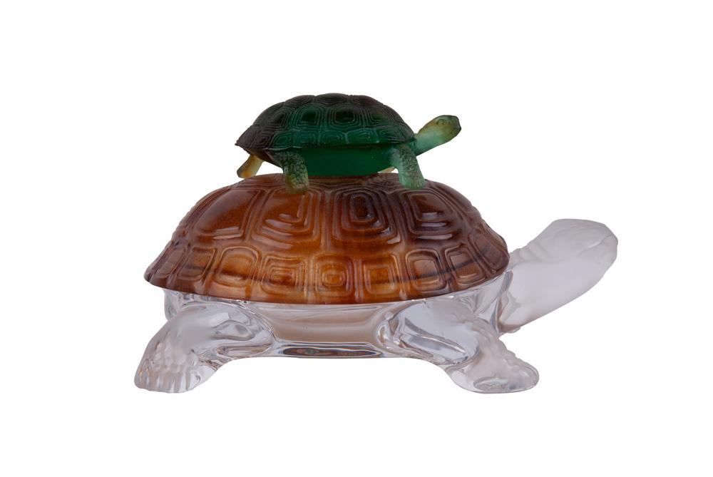 DAUM CRYSTAL & PATE DE VERRE COVERED BOX: condition: with small chip to underside of turtle shell 6 1/2 inches wide; 11 inches deep; 6 1/2 inches high