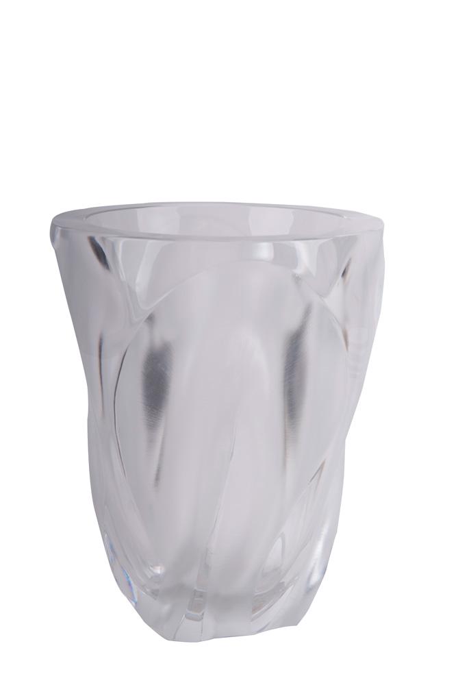 LALIQUE MOLDED GLASS VASE: Ingrid pattern 8 1/2 inches wide; 10 1/4 inches high