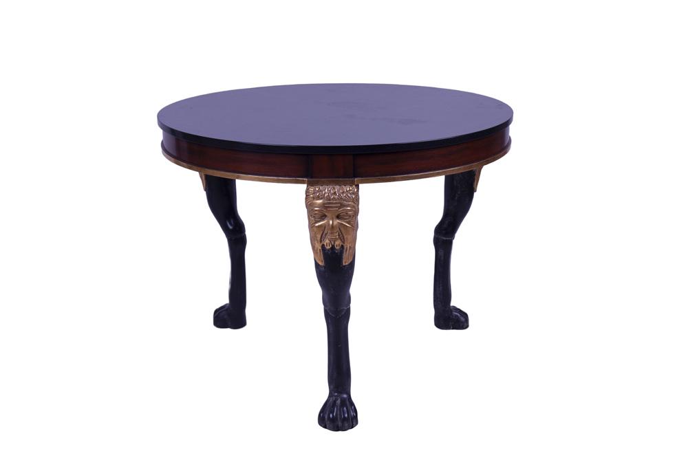 PAIR OF BIEDERMEIER STYLE WALNUT & MARCEL GILT LAMP: each with a circular granite or marble top possibly Dennis & Leen 36 3/4 inches diameter; 28 inches high