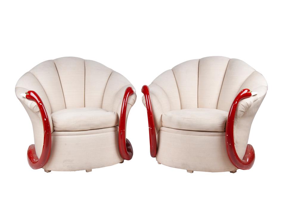 AFTER EILEEN GRAY: PAIR OF DECO STYLE SWAN-FORM CLUB: Condition: with chips to lacquer throughout; upholstery in need of cleaning 34 total inches high; 40 inches at widest point