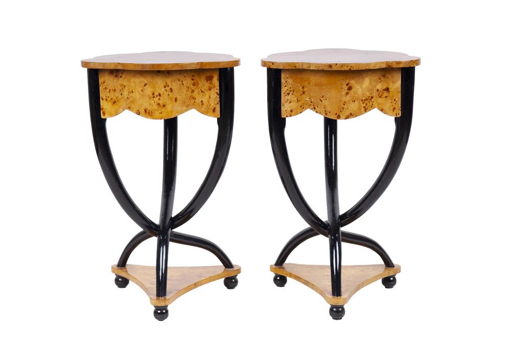 PAIR OF BIEDERMEIER STYLE OCCASIONAL TABLES: each with a triangular top and single drawer 17 1/4 inches wide; 28 1/2 inches high