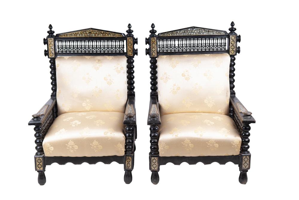 PAIR OF MOORISH INLAID HALL CHAIRS: 30 inches wide, outside arm to outside arm; 42 3/4 inches high
