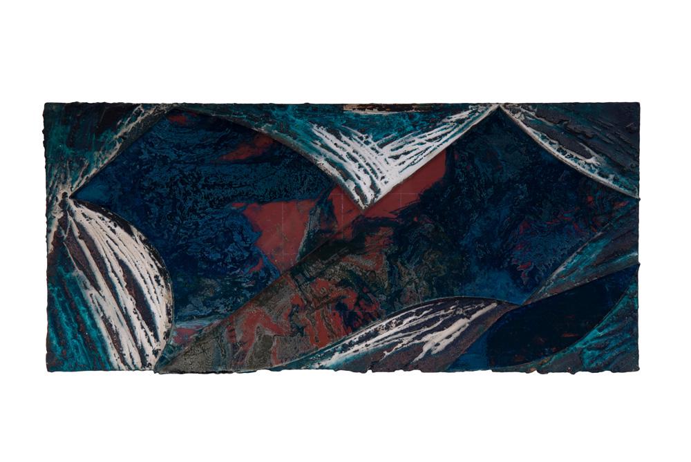 LADDIE JOHN DILL: "UNTITLED": circa 1989 mix media wall plaque signed and dated verso 9 x 20 inches