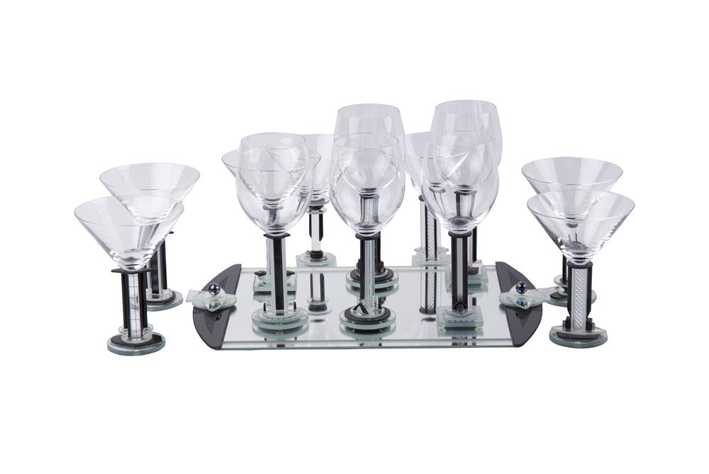 TWELVE GEORGE PONZINI ART GLASS STEMS WITH TRAY: comprising seven martini glasses and five wine glasses the tray: 16 1/2 inches wide