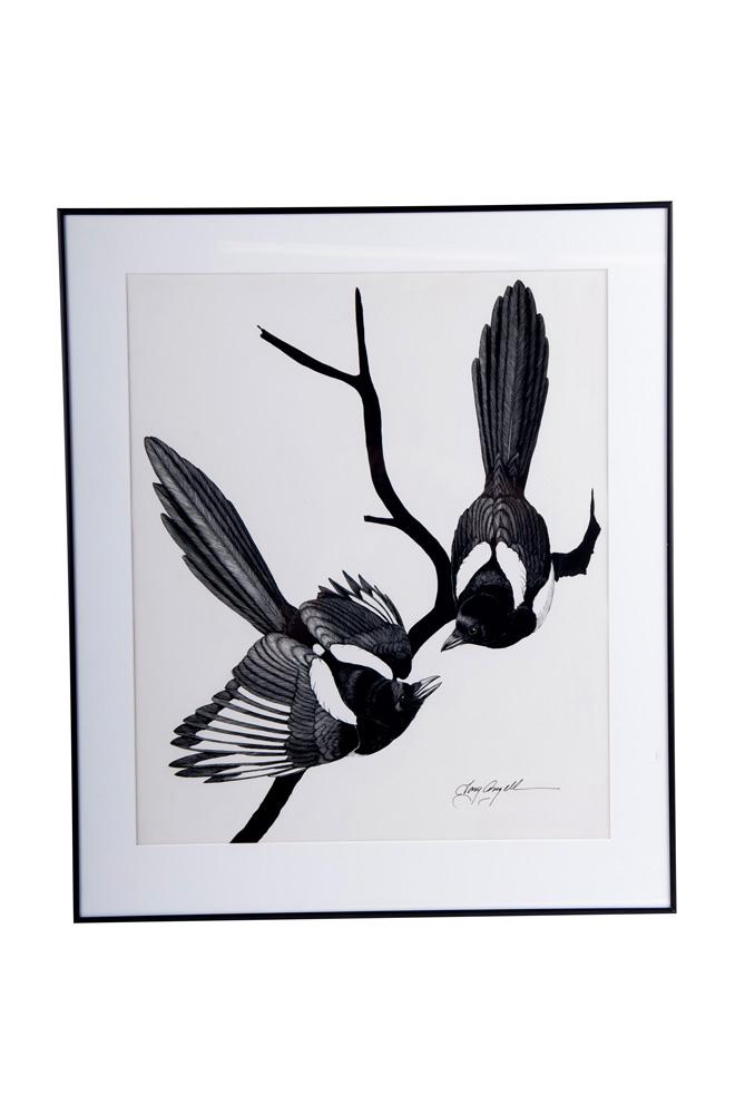 TONY ANGELL: "MAGPIES": pen and ink signed lower right Provenance: The Douglas & Eunice Goodan Living Trust Altermann Galleries: August 11, 2012 25 x 20 inches