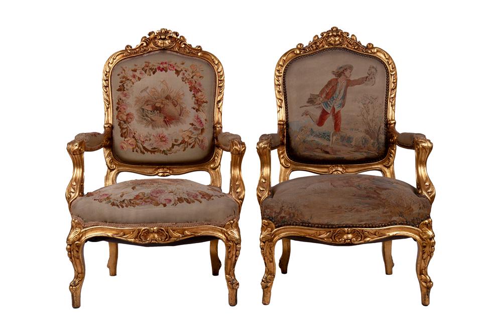 PAIR OF FRENCH STYLE GILT & AUBUSSON FAUTEUILS: Condition: with wear to tapestry, regilt 27 1/2 inches outside arm to outside arm; 17 1/2 inches height to seat