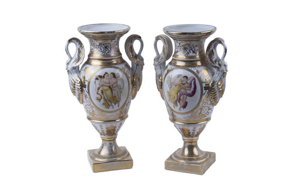 PAIR OF KPM STYLE PORCELAIN VASES: 18 inches high