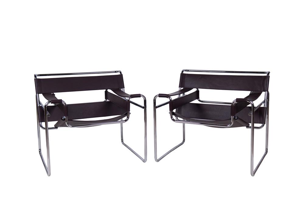 PAIR OF WASSILY CHAIRS: with brown leather straps