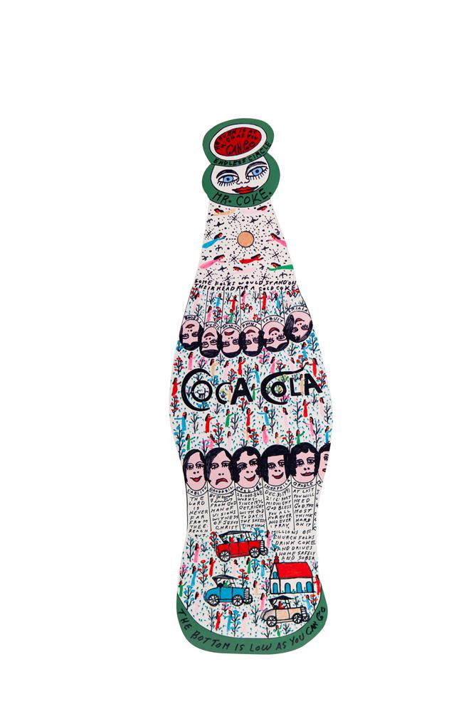 HOWARD FINSTER: "COCA COLA": oil and marker on board, circa January 1, 1992 signed, dated, and annotated verso 34 x 10 1/2 inches