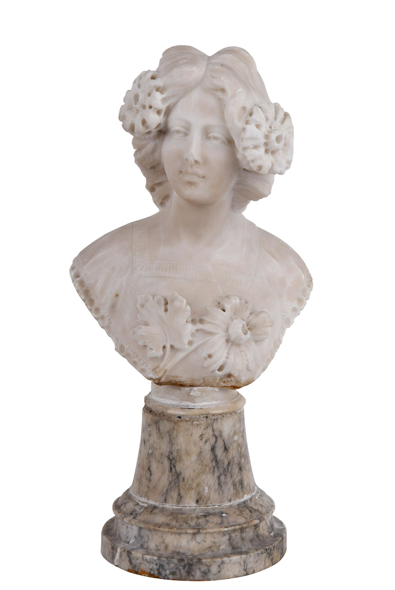 CARVED ALABASTER BUST OF A WOMAN: in two parts; the base having repair and splitting 16 1/2 inches high