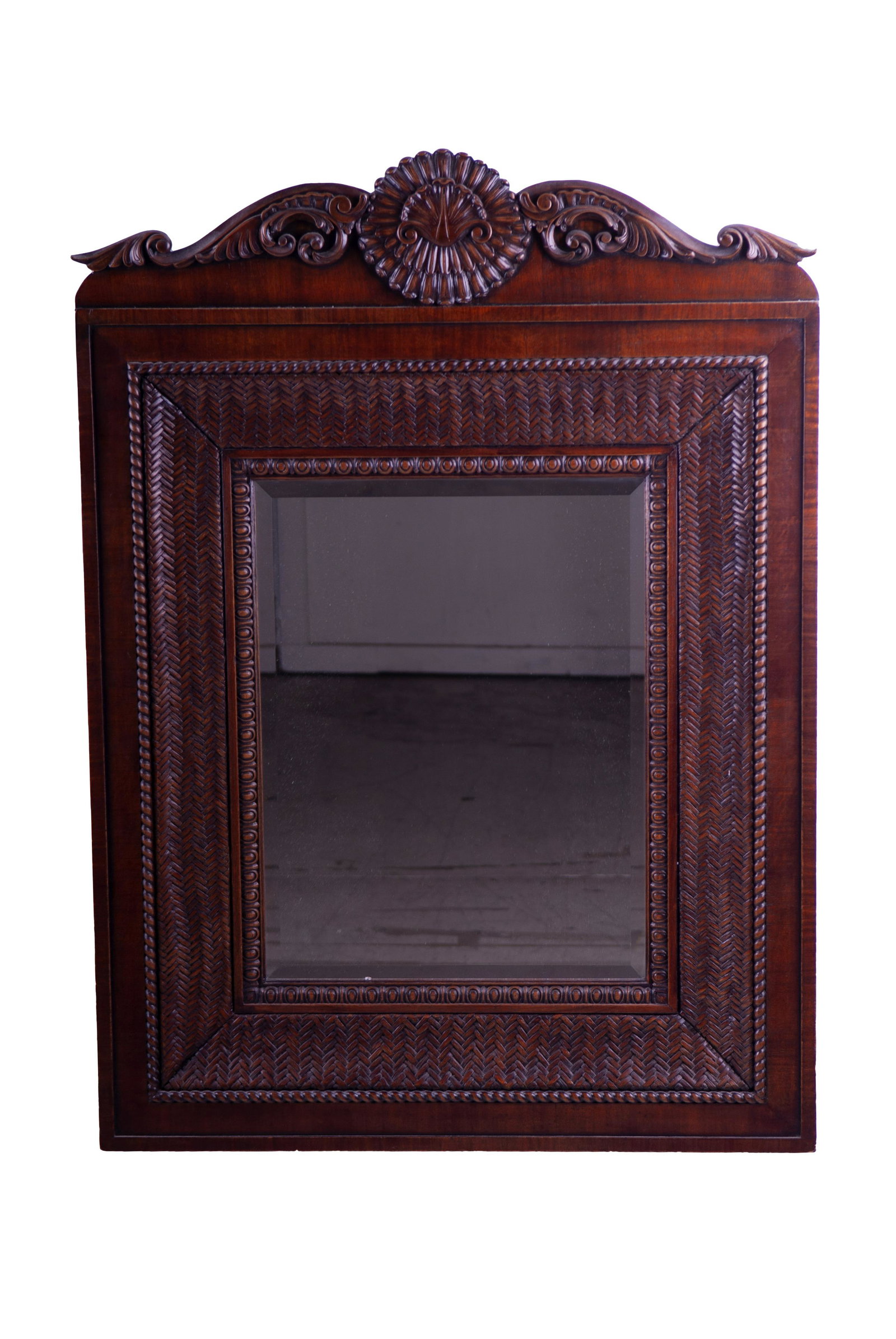 RALPH LAUREN RATTAN & WOOD MIRROR: with Ralph Lauren plaque verso Condition: bottom panel facing floor is cracked, slight wood separation in decoration above mirror, nicks and chips on frame 48 1/2 inches high; 35 inches wide