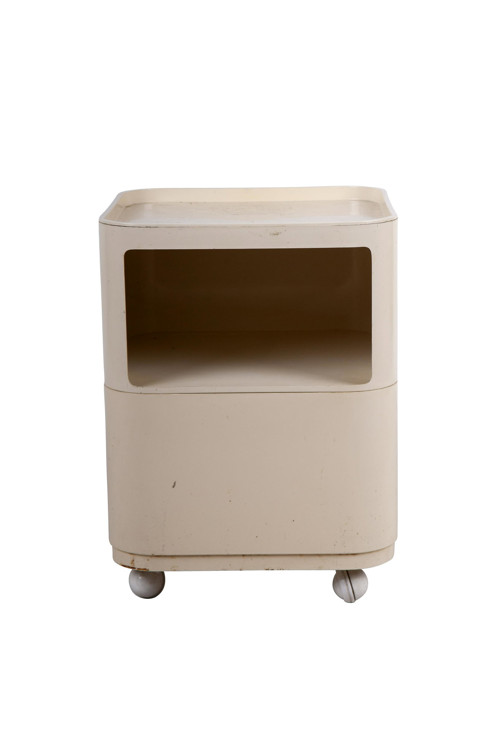 ANNA CASTELLI FOR KARTELL ROLLING DESK CART: set atop four detachable casters Condition: scuffs and some marks throughout, plastic in fair condition 14 3/4 inches wide; 14 3/4 inches deep; 19 1/2 inches high