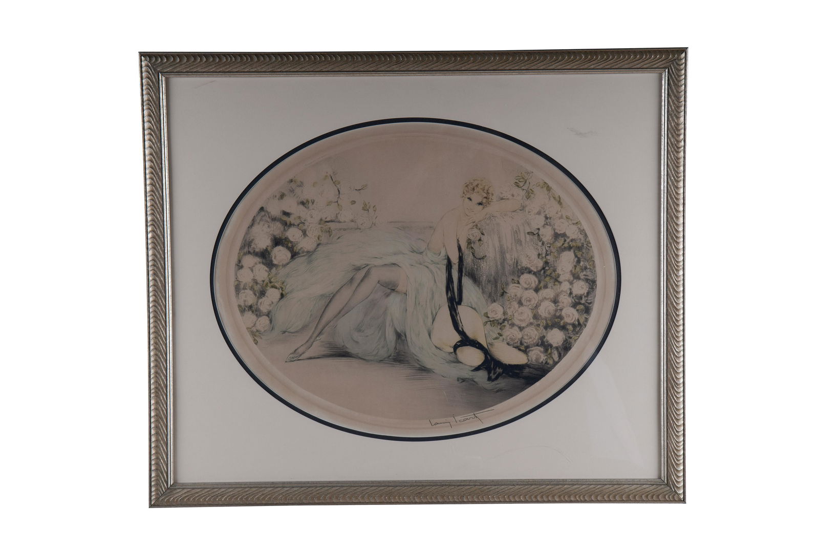 LOUIS ICART: "BELLE ROSE": circa 1933 aquatint & etching signed in pencil with windmill stamp Condition: with yellowing to paper, with scratching to acrylic glaze 18 x 23 inches sight