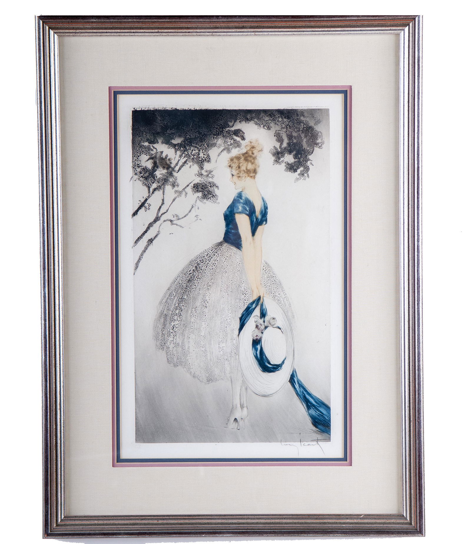 LOUIS ICART: "IN THE NEST": circa 1922 aquatint & etching Condition: bright image, some foxing along right margin 20 3/4 x 11 3/4 inches, sight