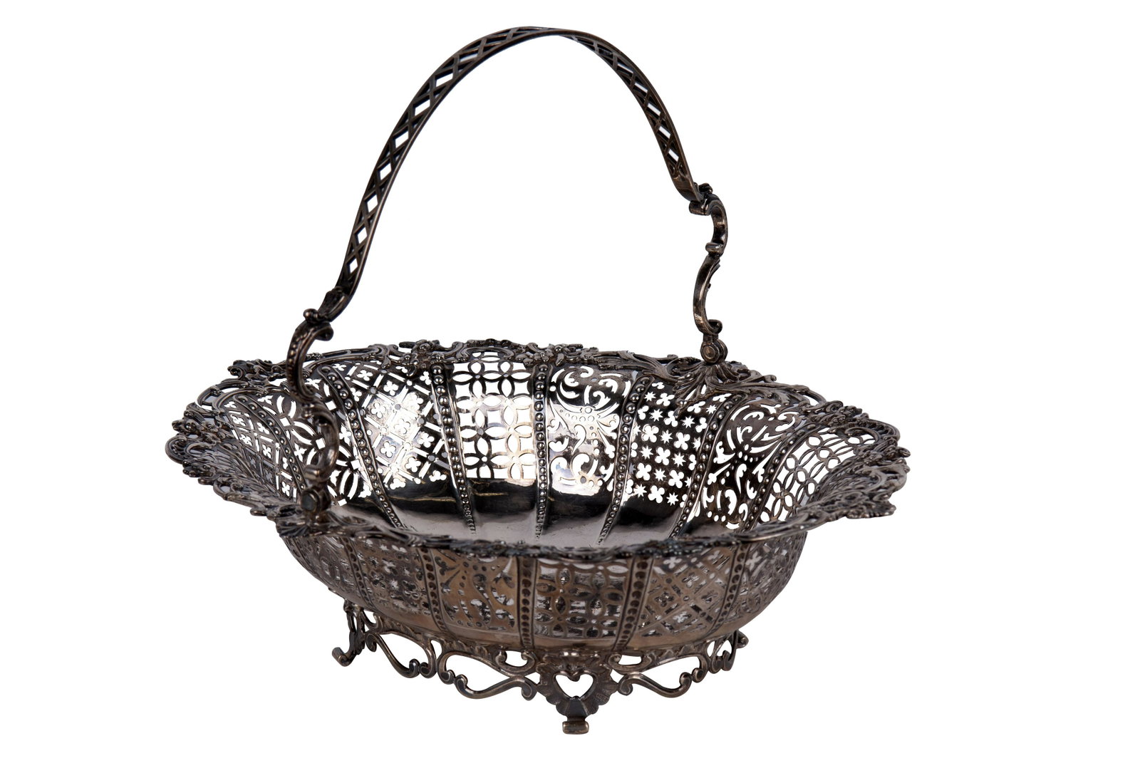 GEORGE III SILVER PIERCED CAKE BASKET: Charles Aldridge & Henry Green, London, date mark illegible 36 troy ounces Condition: good; no apparent soldering or repairs 15 inches wide