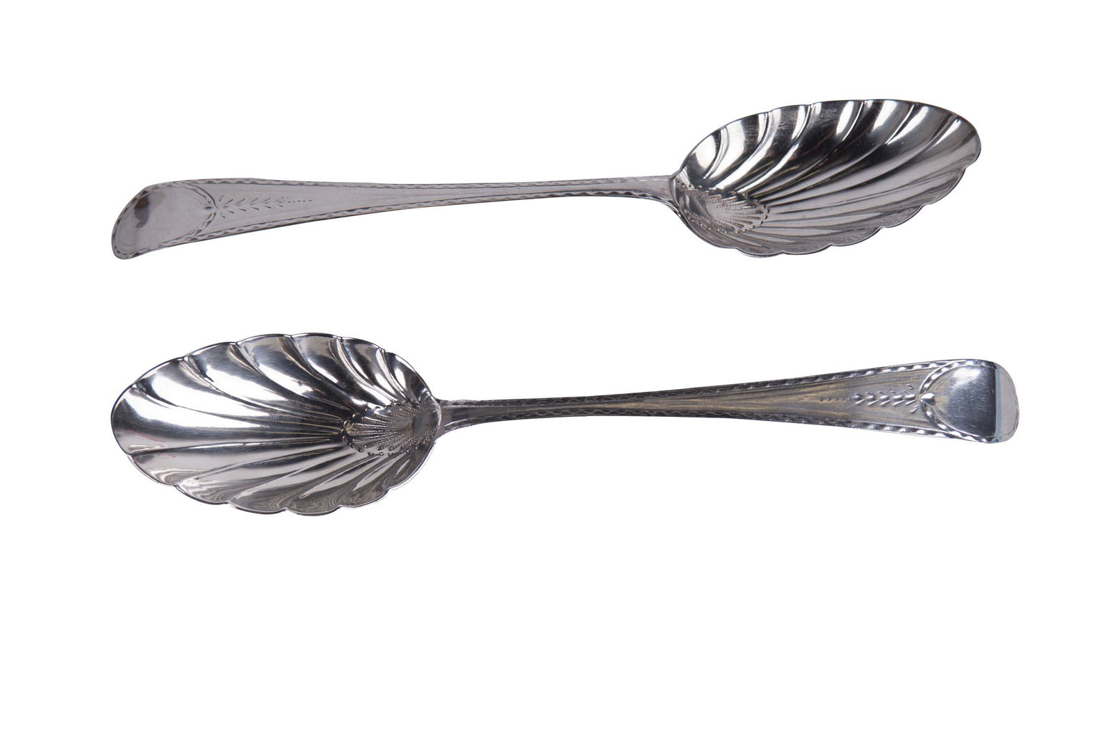 PAIR OF HESTER BATEMAN SILVER PLACE SPOONS: London, 1785 4 total troy ounces 8 1/2 inches long