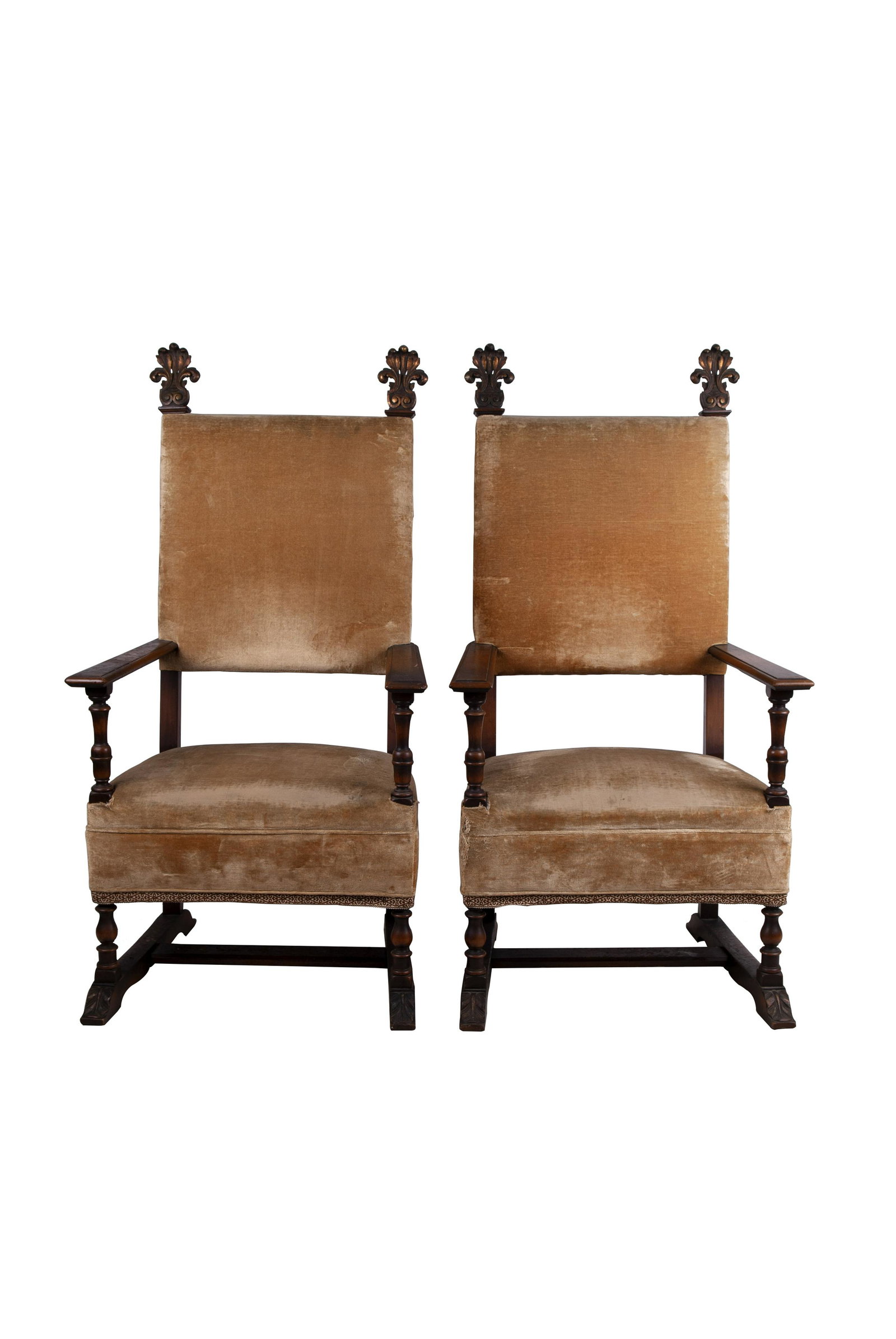 PAIR OF WALNUT HALL CHAIRS: with gold painted detachable finials Condition: with wear to upholstery in both chairs, scratches and signs of use on arms. One finial has small ship to corner. outside arm to outside arm measuring 29