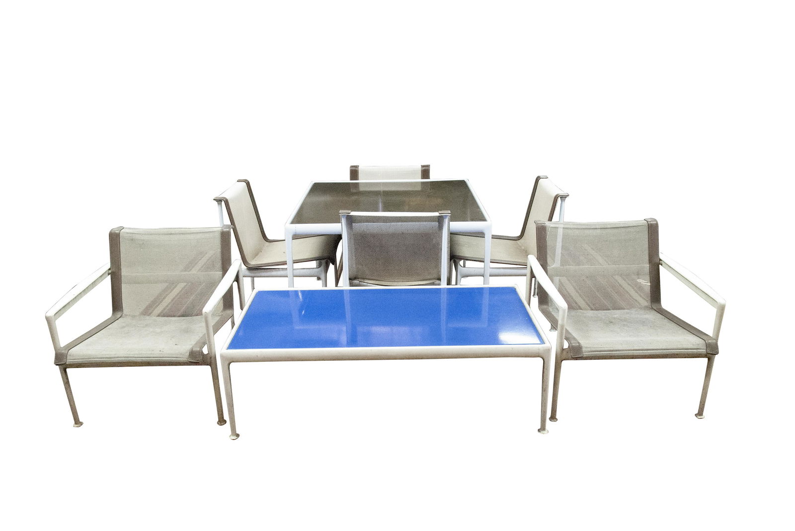 RICHARD SCHULTZ FOR KNOLL PATIO FURNITURE: comprising a dining table with four chairs, two lounge chairs, and coffee table Condition: in need of cleaning, webbing and legs of table showing signs of outside exposure thedining table: 38 in. squa