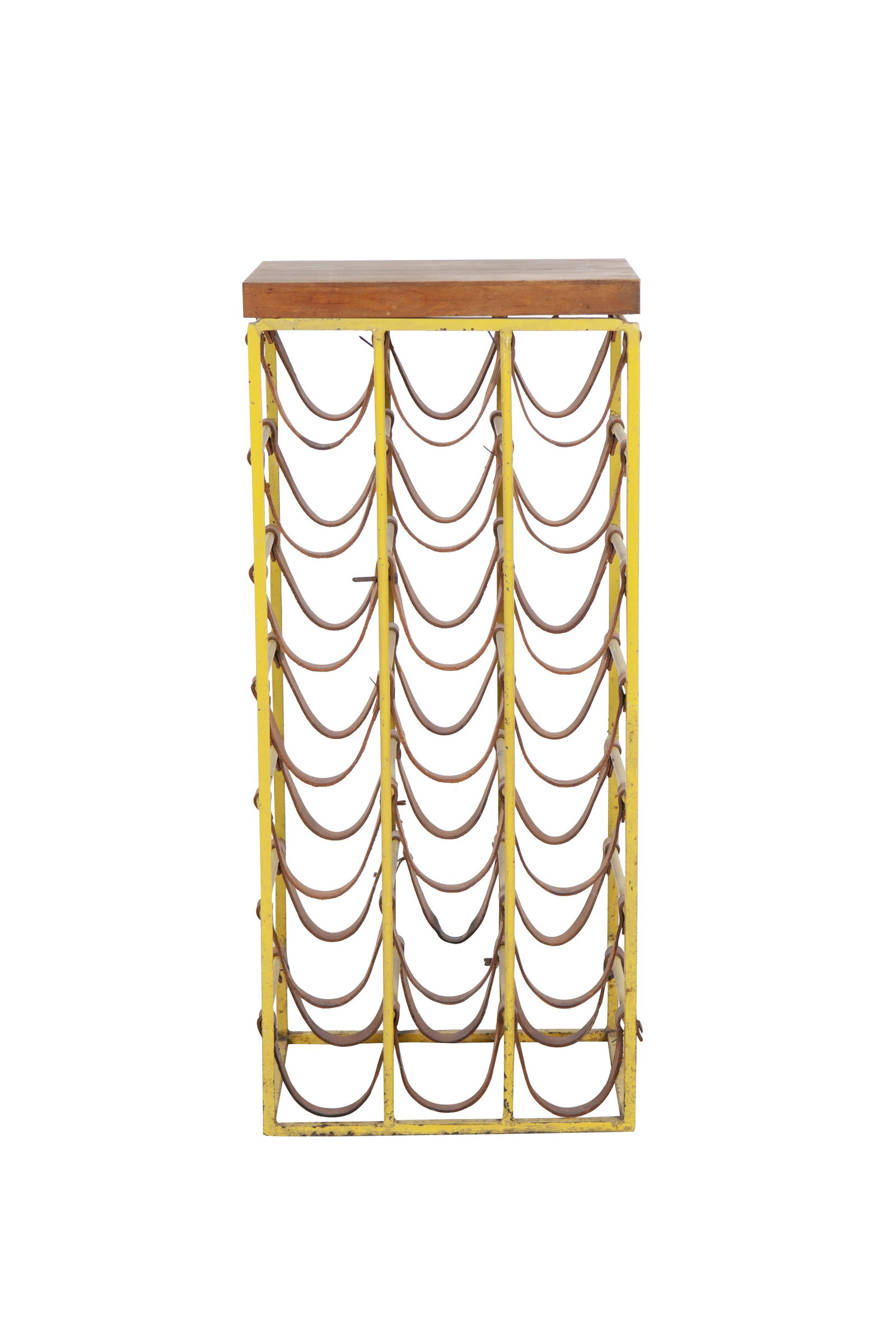 ARTHUR UMANOFF WINE RACK: Condition: with pitting to paint and staining to leather straps, butcher block top in need of oiling 31 1/2 inches high; top: 14 x 11 inches
