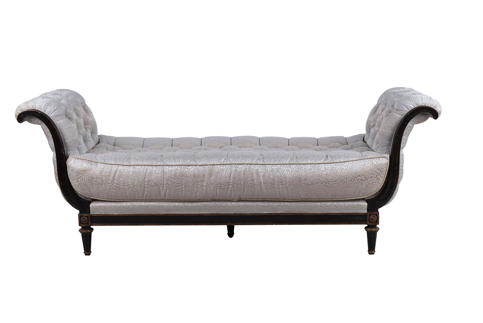 EBONY & PARCEL GILT BENCH: with single detachable cushion Condition: nicks and small chips from use on frame; 18 1/2 inches height to top of cushion, 28 inches height to top of arm 75 inches wide; 24 inches deep