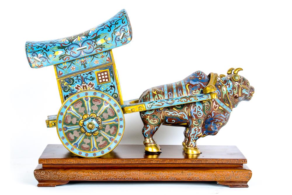 CHINESE CLOISONNE ENAMEL MODEL OF AN OX & CART: 18 inches wide; 7 inches deep; 12 inches high