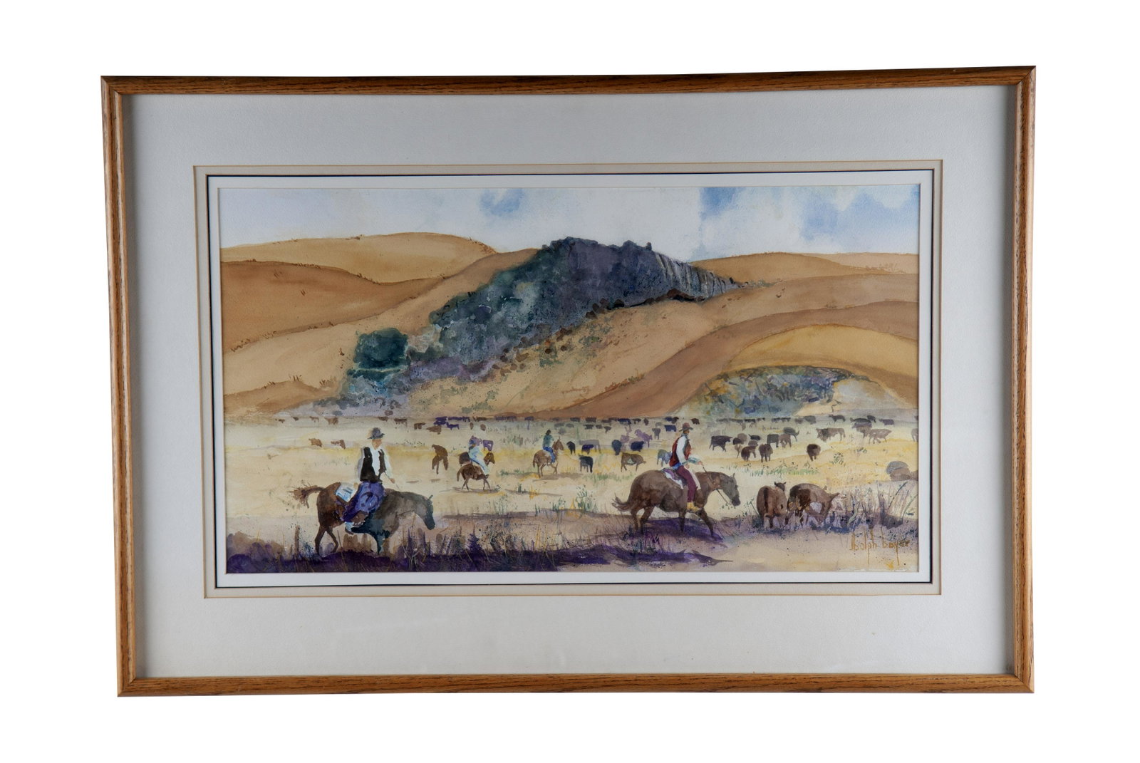 ADOLPH BAYER: "CAMBRIA CATTLE-ROUNDUP": watercolor signed lower right with newspaper article affixed verso about work and full title on card: Cattle-Roundup/Highway 46 + Highway 1/near Filos" Provenance: The Douglas & Eunice Goodan Living T