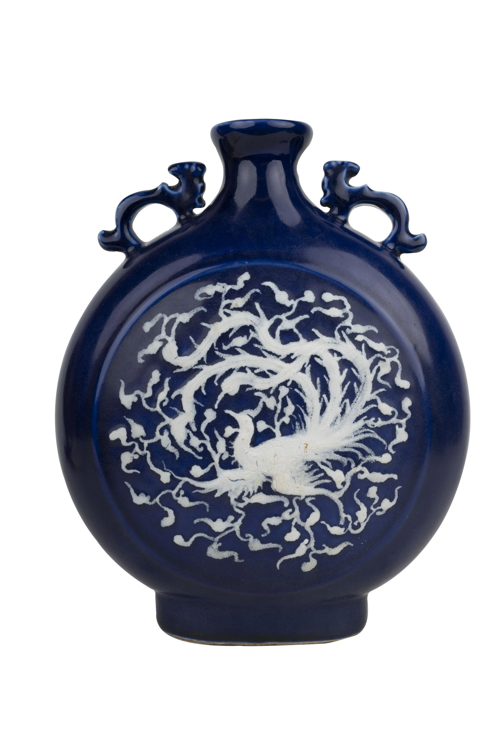 CHINESE BLUE & WHITE PORCELAIN "DRAGON MOON FLASK" VASE: 10 inches wide; 11 1/2 inches high