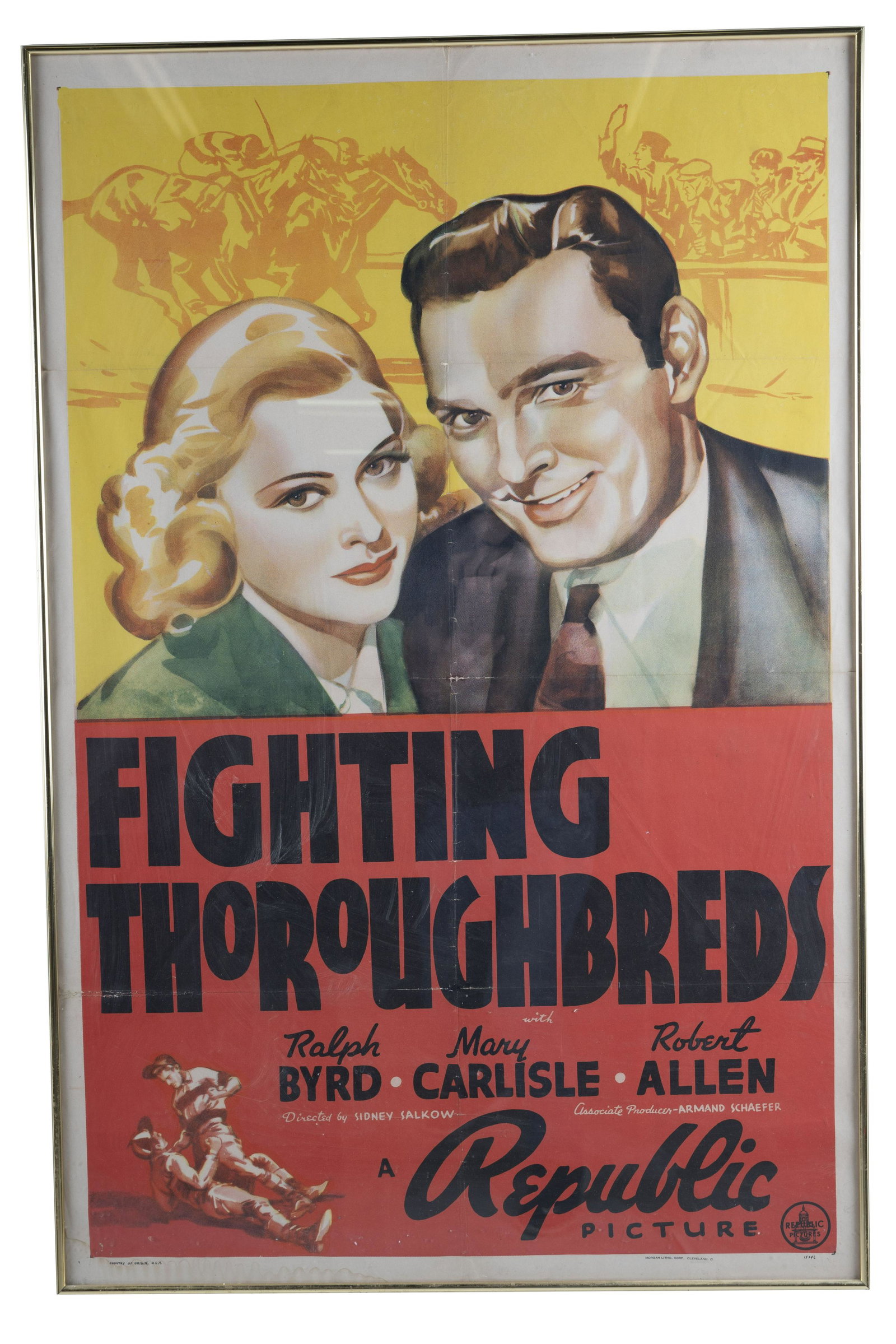 FIGHTING THOUROUGHBREDS FILM POSTER: with Ralph Bird, Mary Carlisle, & Robert Allen Provenance: The Estate of Mary Carlisle, Beverly Hills Condition: folding marks to sheet with loss at edges; not examined out of frame 40 1/2 x 26 3/4 in