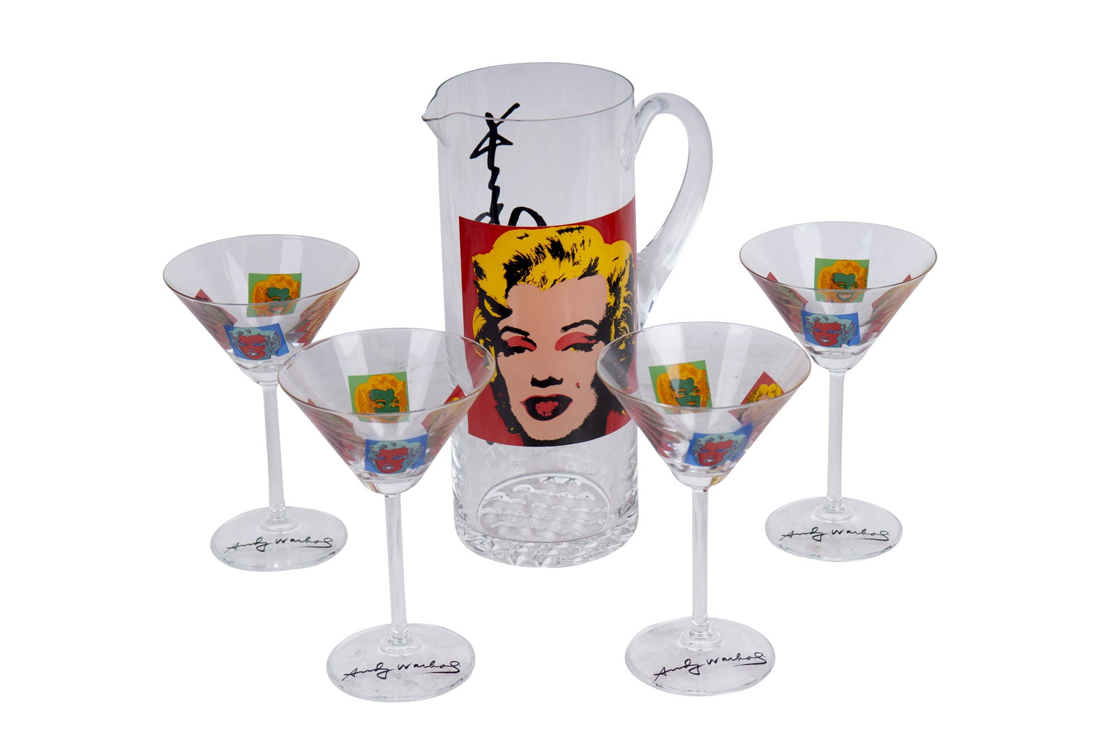 FIVE-PIECE "MARILYN MONROE, WARHOL" MARTINI SET: comprising of pitcher and four martini glasses pitcher measuring 10 inches high; glasses measuring 7 inches high