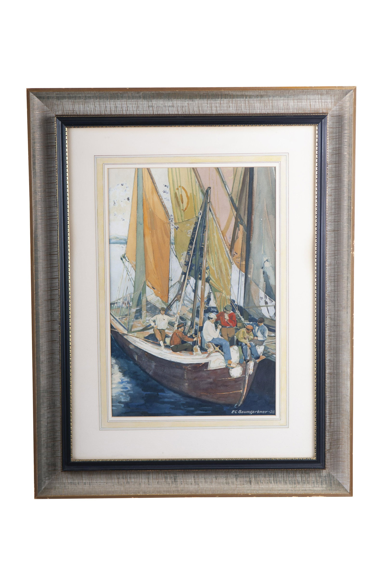 EVGENY BAUMGARTEN: "READY FOR SAIL": circa 1928 gouache signed and dated lower right Provenance: The Douglas & Eunice Goodan Living Trust Condition: strong image, good condition; not examined out of the frame 21 1/2 x 14 1/4 inches