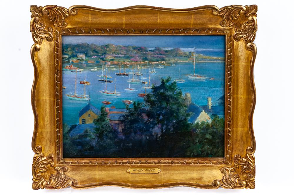 IN THE STYLE OF THEODORE ROBINSON: "EAST COAST HARBOR": oil on board signed lower right Provenance: with receipt from Vallejo Gallery 11 1/2 x 16 inches