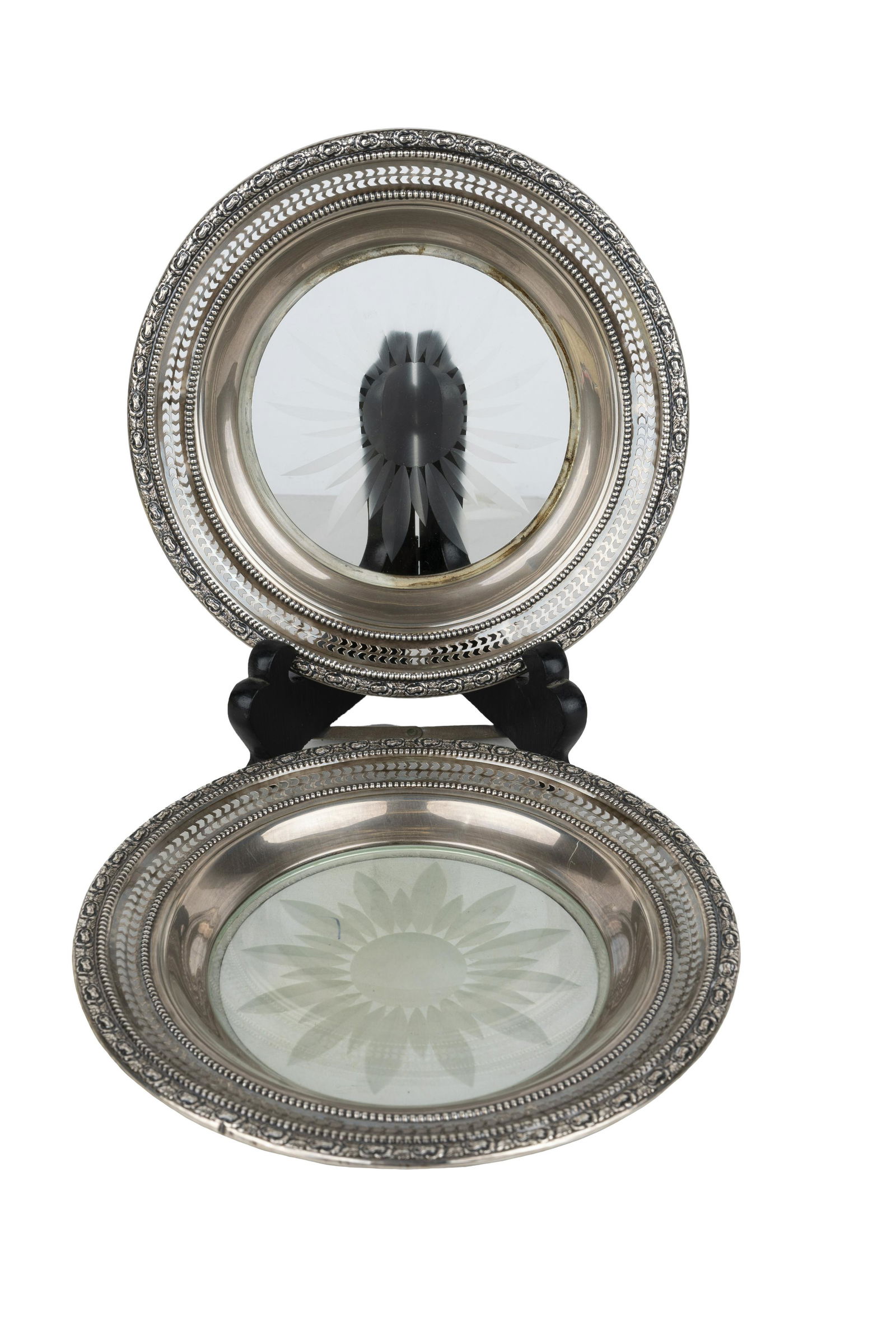 PAIR OF WHITING STERLING & ETCHED GLASS COASTERS: Condition: rims with slight bend 6 5/8 inches diameter