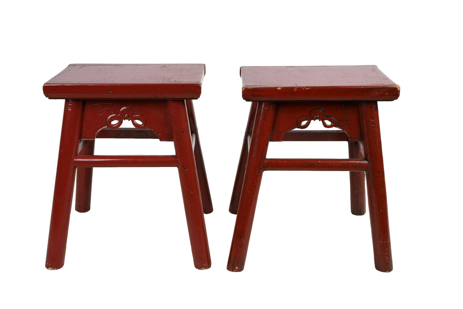 PAIR OF CHINESE STYLE RED PAINTED STOOLS: Condition: with some chips and loss to lacquer Provenance: The Estate of Judith Sterling Morse Plunkett the seat: 15 1/2 x 10 inches; 20 inches high