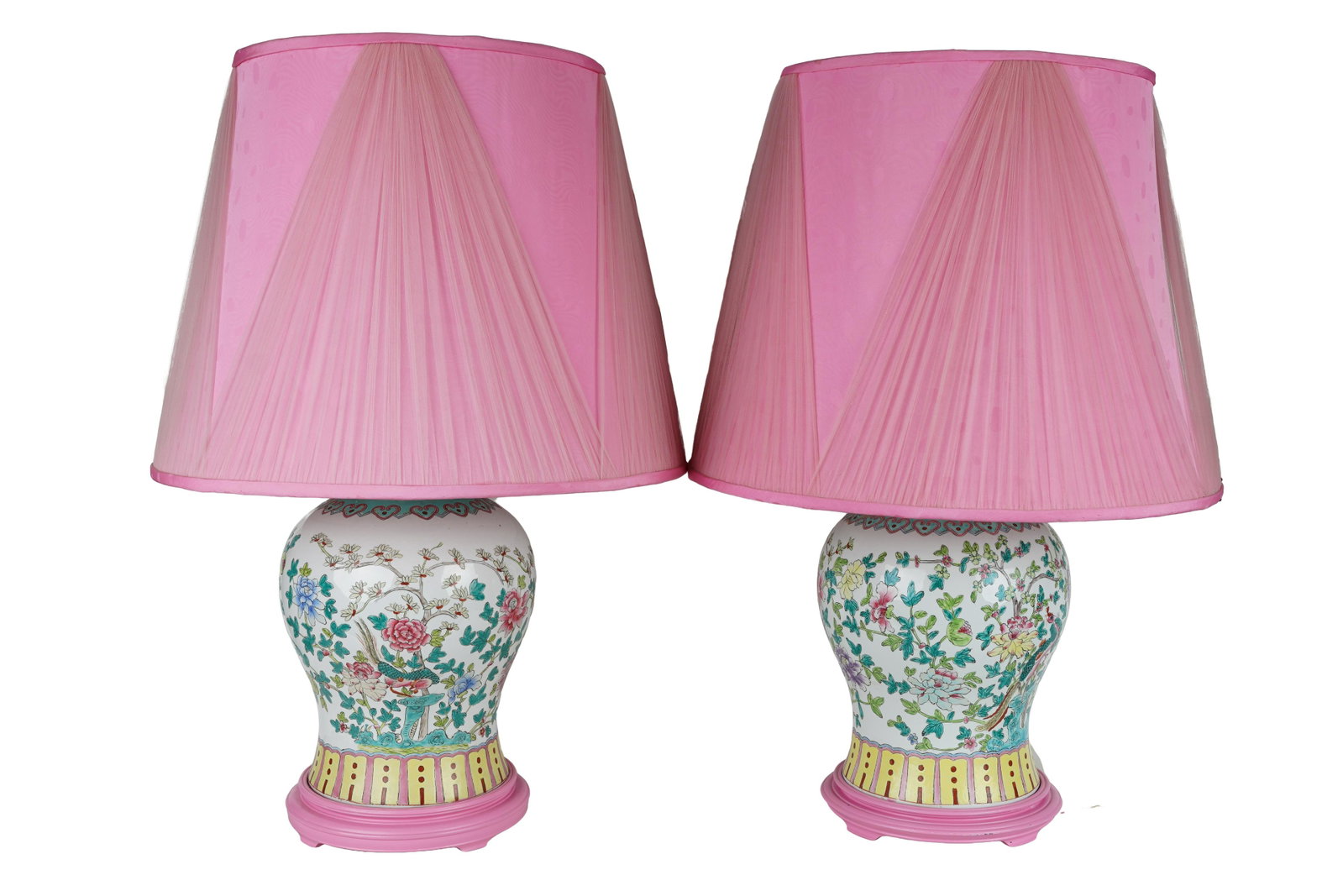 PAIR OF CHINESE FAMILLE ROSE PORCELAIN GINGER JARS: mounted as table lamps Condition: each lid without finial, drilled for lamps, with damage to one shade urn height 16 inches high; 31 1/2 inches high